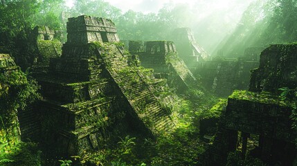 Obraz premium Ancient stone temples are overgrown by lush green rainforest vegetation