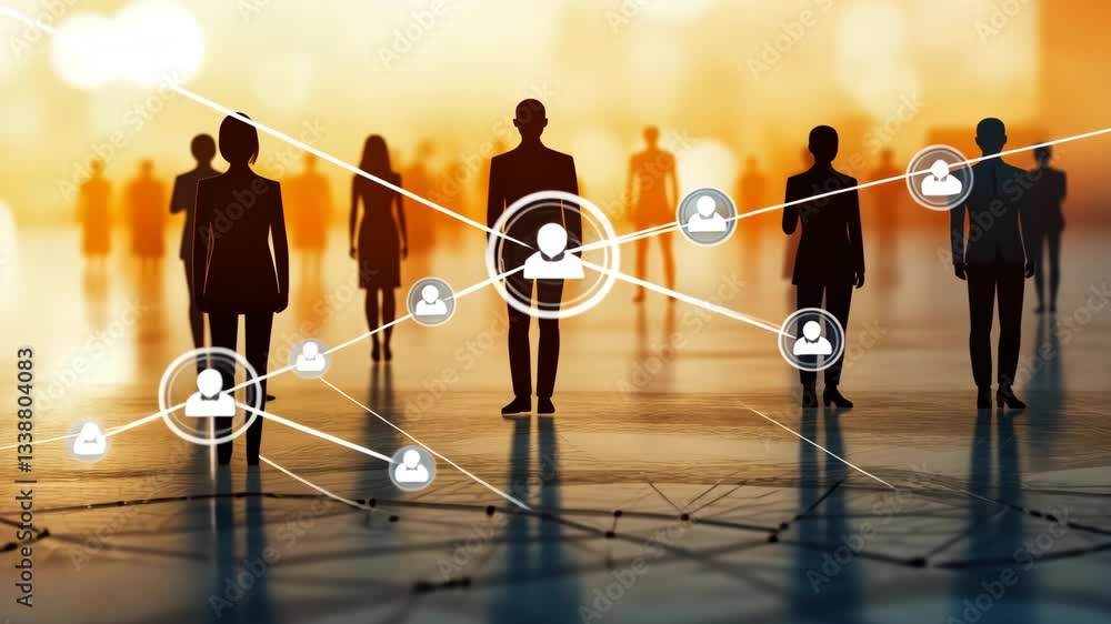 Poster an artistic silhouette illustrating diverse groups of people linked by digital networks, symbolizing