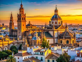 Fototapeta premium Seville Skyline Panorama from Torre del Oro: Cathedral, Giralda & Churches