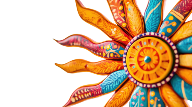 A close-up of a solstice sun wheel decoration isolated on white background PNG - Powered by Adobe