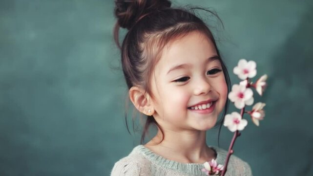 Cheerful shiny asian girl smiling isolated with flowers.
