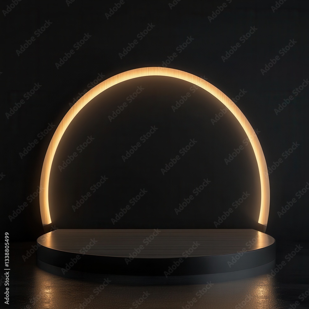 Poster dark elegant product display with glowing circular frame and black wooden platform