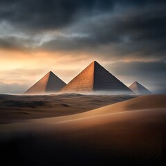 Iconic pyramids of Giza stand tall against a dramatic desert landscape bathed in the warm glow of a setting sun in Egypt