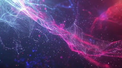 Abstract digital network background with interconnected lines and particles in blue and pink