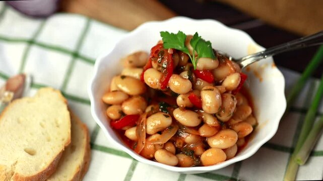 Lobio is a dish of Georgian, Azerbaijani and Armenian cuisines made from green bean pods. Traditional Georgian cuisine lobio. Lean dish. Lobio with pepper, onion.