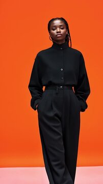 Minimalism and avant-garde in motion: a black woman in a black outfit walks with determination,sleek and modern aesthetic. Perfect for fashion, technology, and luxury branding 