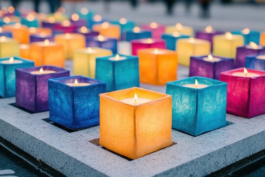 A glowing riverside lantern festival with futuristic paper lanterns floating above the water, cool neon hues, and serene atmosphere. , closes up