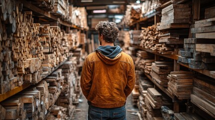Man Exploring a Lumber Warehouse, Stacked Wood, Carpenter, Lumberyard, Woodworking