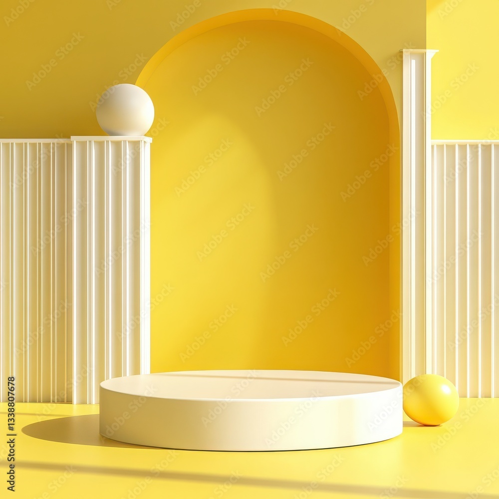 Poster minimalist yellow and white product display platform with classical columns and sphere accents