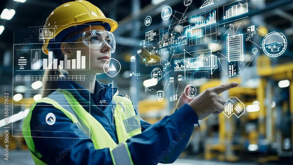 Poster a female engineer in a safety helmet and glasses interacts with digital data overlays in a high-tech