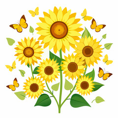 Sunflower isolated on white background with vibrant yellow petals and green leaves