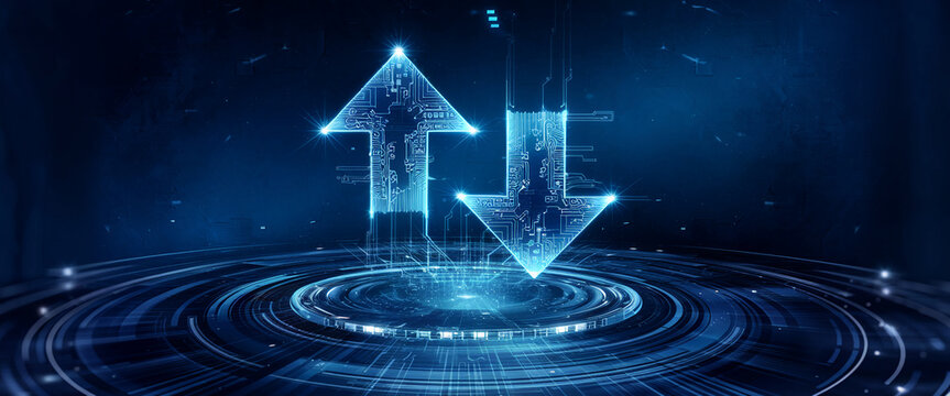 Glowing blue arrows, circuit-board design, on dark blue circular platform, symbolizing data transfer, technology, digital flow, futuristic concept, ideal for tech websites or presentations