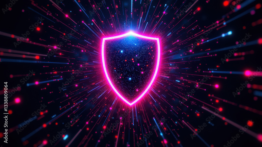 Aufkleber cybersecurity shield with abstract digital lights in neon colors on a dark background