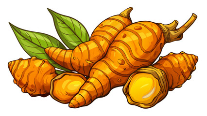 Fresh turmeric roots on a white background showcasing their vibrant orange flesh and textured skin, Fresh turmeric isolated on white background