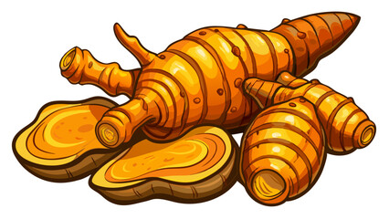 Fresh turmeric roots on a white background showcasing their vibrant orange flesh and textured skin, Fresh turmeric isolated on white background