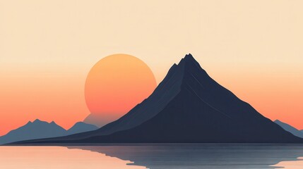 Serene Sunset over Majestic Mountain Peak and Calm Lake