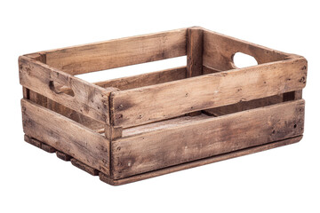 A rustic wooden crate with open handles, featuring a sturdy construction and natural grain texture.