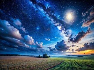 Serene Night Field: Starry Sky, Clouds, and Rolling Hills