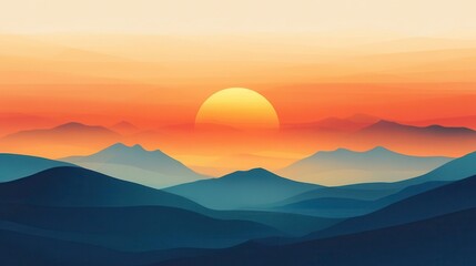Obraz premium Serene Sunset over Misty Mountains A Minimalist Landscape