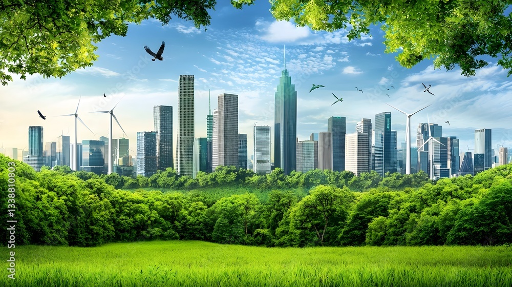 Poster 3d of a floating self sustaining ai driven futuristic city skyline powered by wind solar and hydro e