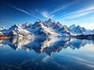 Serene Mountain Lake Reflection, Snow-Capped Peaks, Isolated White Background Stock Photo