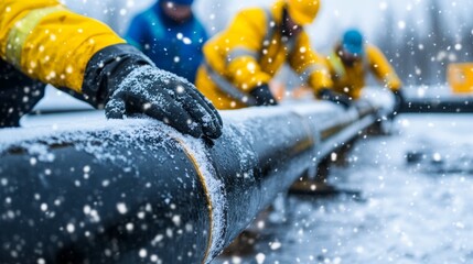 Workers repair pipeline in snowy weather while maintaining safety protocols and using proper equipment