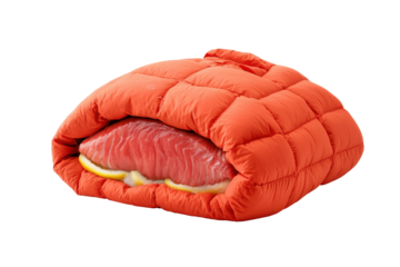 Cozy salmon sushi roll wrapped in bright orange quilt
