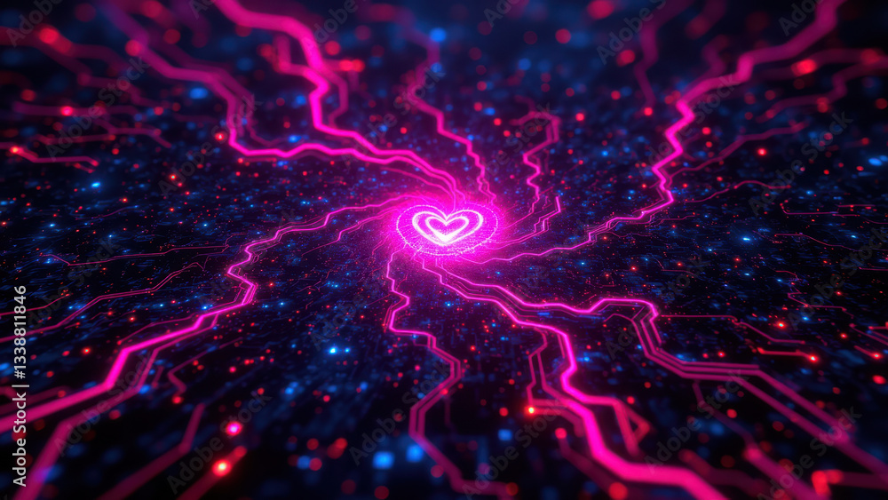 Aufkleber futuristic network with a glowing heart at its center, representing cybersecurity or devops.
