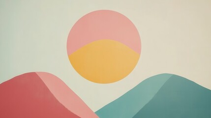 Abstract Minimalist Sunset Landscape Pastel Hues of Pink, Yellow, and Teal