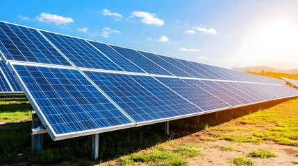 Expansive solar panel farm with vast array of photovoltaic cells absorbing the morning light creating a futuristic landscape for renewable energy solutions and clean power