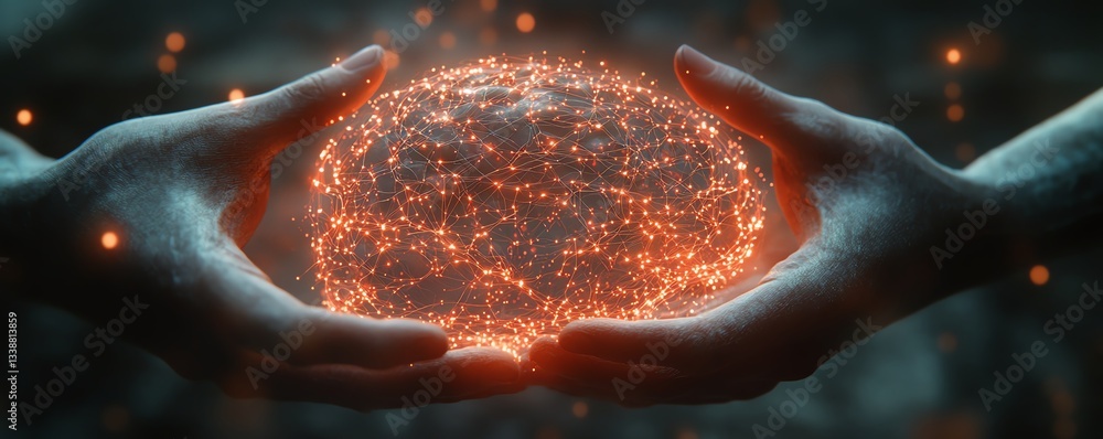 Aufkleber hands controlling a digital brain, connecting neural nodes to enhance deep learning processes, futur