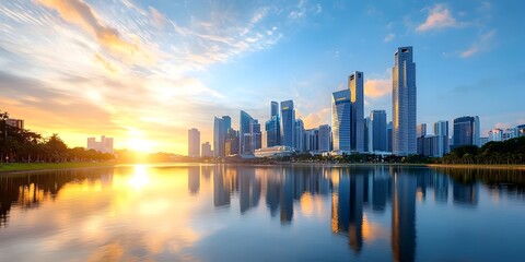 Fototapeta premium Majestic skyscrapers of a modern city skyline reflected in the serene waters of a lake or river set against a vibrant sunrise or sunset sky with dramatic clouds