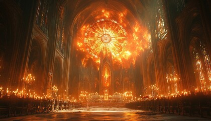 A grand cathedral interior engulfed in flames and intense light