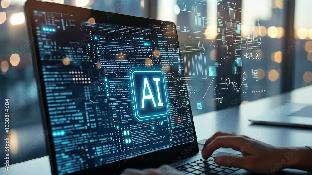 Aufkleber A closeup of hands typing on a modern laptop, displaying intricate AI algorithms and dynamic graphics, symbolizing the fusion of cuttingedge technology and innovative business strategies