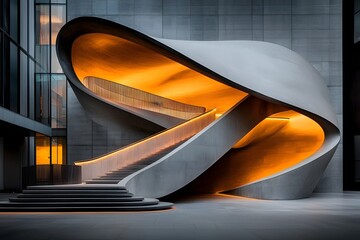 Striking illuminated curved design of a contemporary office building with dramatic geometric patterns and sleek architectural elements