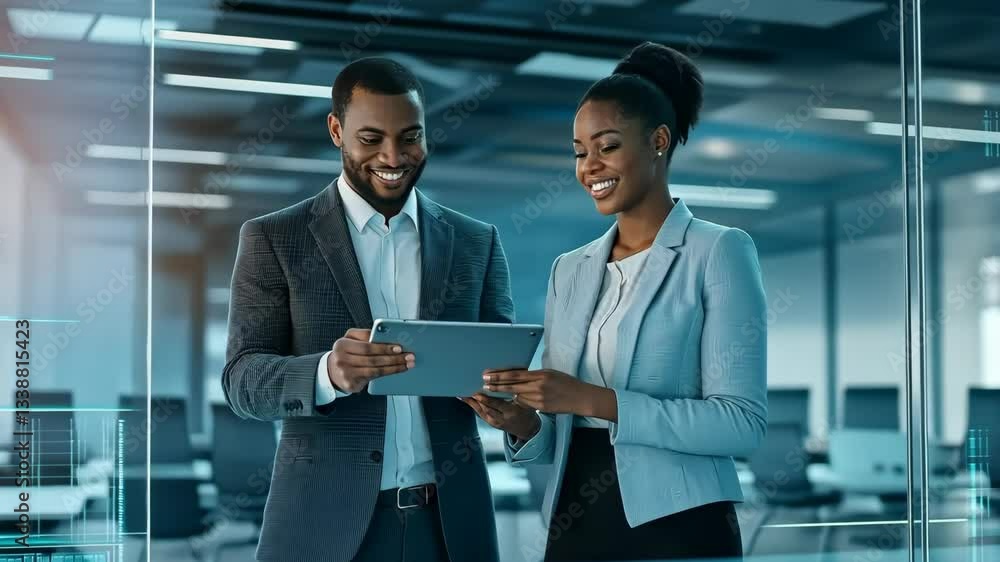 Poster two professionals in a modern office analyze data on a tablet, showcasing collaboration and technolo