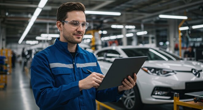Focused Technician: A skilled technician in safety glasses meticulously examines data on a tablet at an automotive factory, with a modern car in the background.