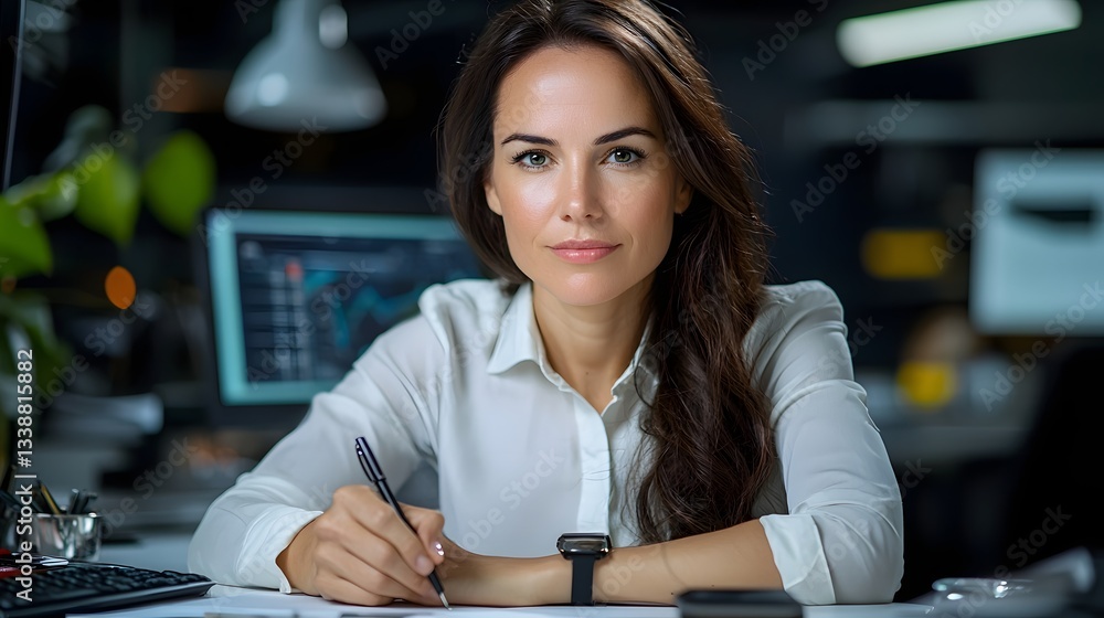 Poster Serious and determined businesswoman working intently on computer at her desk in a modern office setting surrounded by technology and data analytics