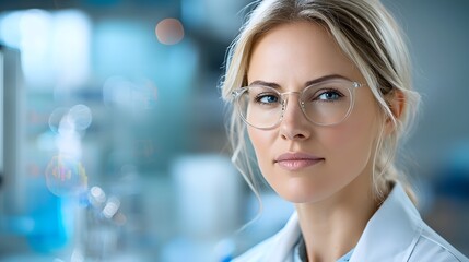 Confident and determined blonde woman in professional attire working diligently at her desk in a modern office setting