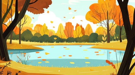 Autumn park landscape with lake