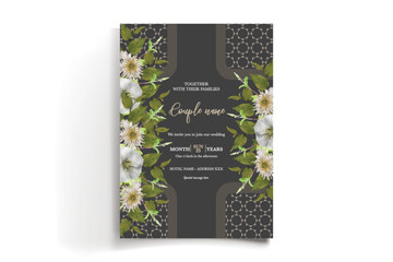 WEDDING INVITATION FRAME WITH FLOWER DECORATIONS AND FRESH LEAVES