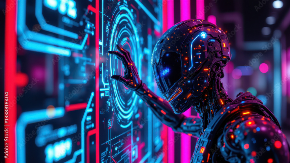 Poster futuristic robot working on a glowing control panel with cybernetic interface, set against vibrant b