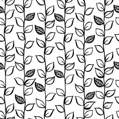 seamless pattern with  black outline leaves on white backgroungd
