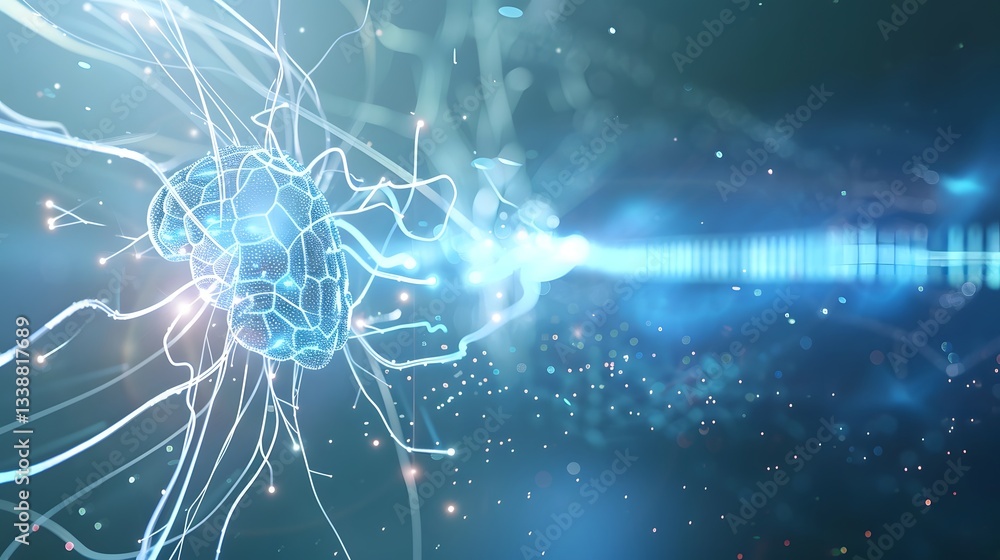 Poster abstract digital artwork depicting a pulsating electric blue brainwave pattern with dynamic rhythmic