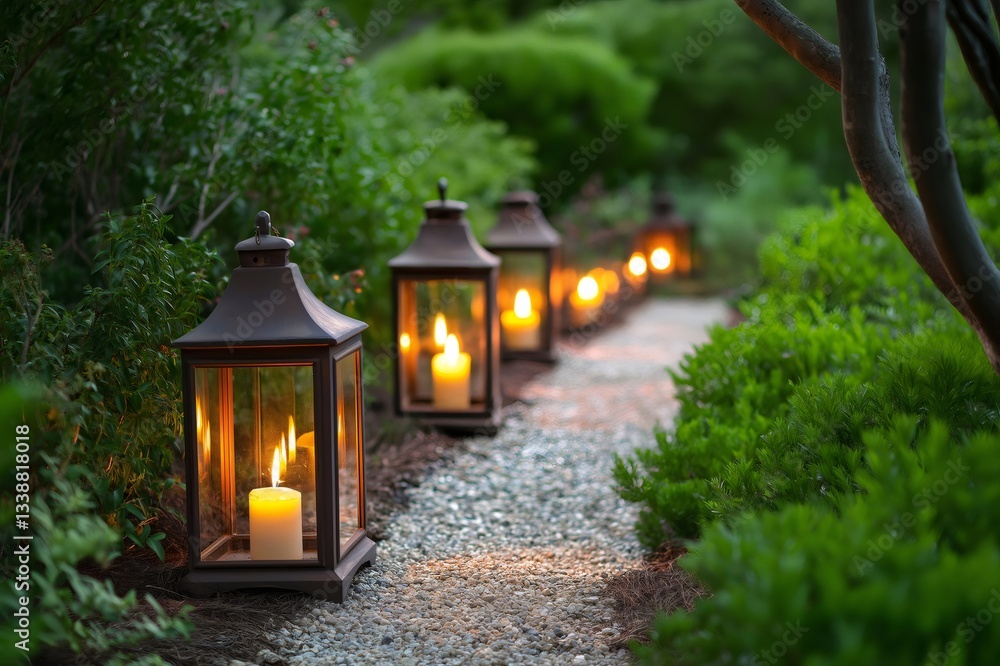 Poster gravel path lined with vintage lanterns illuminating a serene garden at twilight, creating a magical