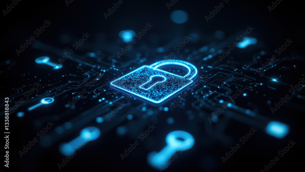 Poster cybersecurity illustration with a floating lock over a network of blue digital nodes.