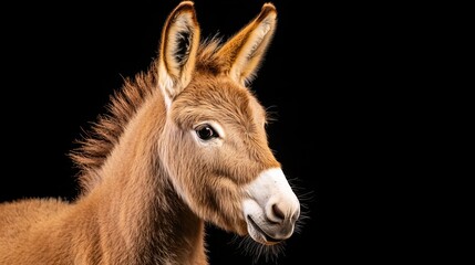Fototapeta premium Donkey stares intently to the left against a solid black background, showcasing its soft brown fur and attentive ears, with a light colored muzzle pro