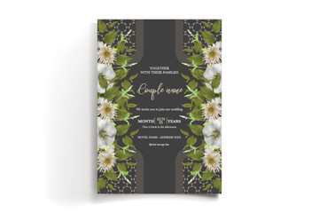WEDDING INVITATION FRAME WITH FLOWER DECORATIONS AND FRESH LEAVES