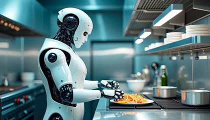 A humanoid robot preparing food in a modern kitchen, showcasing advanced robotics and AI in culinary tasks
