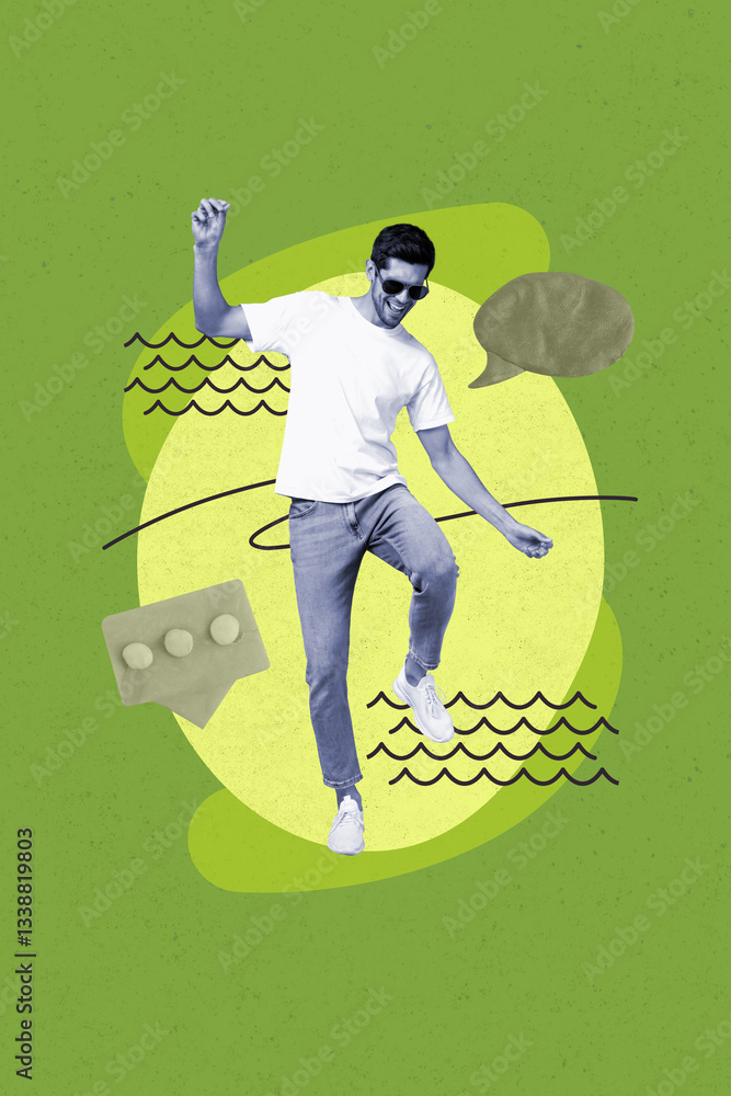 Poster pop image sketch 3d collage poster of happy guy dance communication icon speech chatterbox notificat